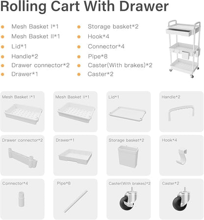 3 Tier Rolling Cart Organizer,Laundry Room Bathroom Organizers and Storage Office Shelves Mobile Shelving Unit Kitchen Trolley Cart with Wheels for Art,Craft,Diaper,Bedside,Snack(White)
