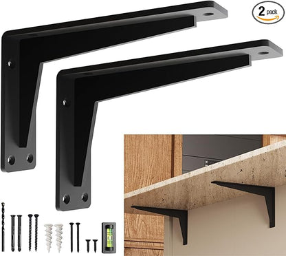 2 Pack Heavy Duty Shelf Brackets 8 Inch Mantel Decorative L Bracket for Shelves, Metal Shelf Support Bracket, Wall Mounted Granite Countertop Iron Corbels, Floating Black Shelving Brackets