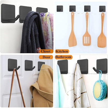 FOTYRIG Adhesive Towel Hooks No Drill Wall Hooks Stick on Wall Hangers Shower Hooks for Inside Shower Bathrooms Kitchen Door Black -4 Packs