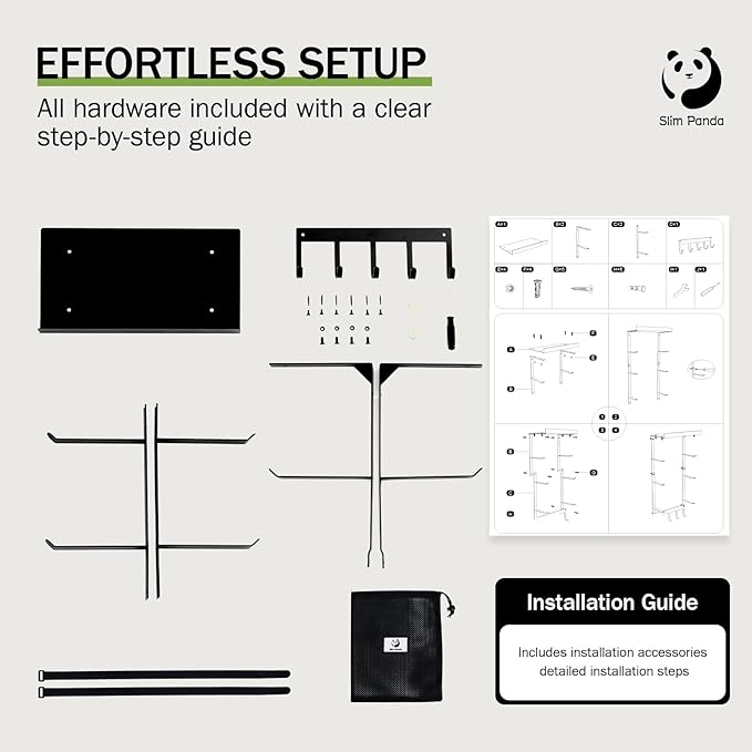 Slim Panda Yoga Mat Holder Wall Mount With Mesh Bag,Yoga Accessories Storage Rack,Home Gym Organizer with Metal Floating Shelf & 5 Hooks for Hanging Yoga Mats, Foam Roller, Resistance Bands