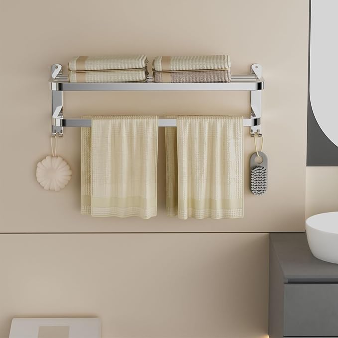 DDS-DUDES 23 Inch Bathroom Towel Rack Towel Shelf with Double Towel Bars Lavatory Wall Mount Holder with Hooks Stainless Steel Hotel Bath Rack