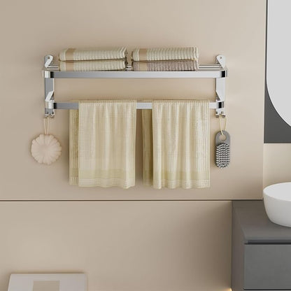 DDS-DUDES 23 Inch Bathroom Towel Rack Towel Shelf with Double Towel Bars Lavatory Wall Mount Holder with Hooks Stainless Steel Hotel Bath Rack