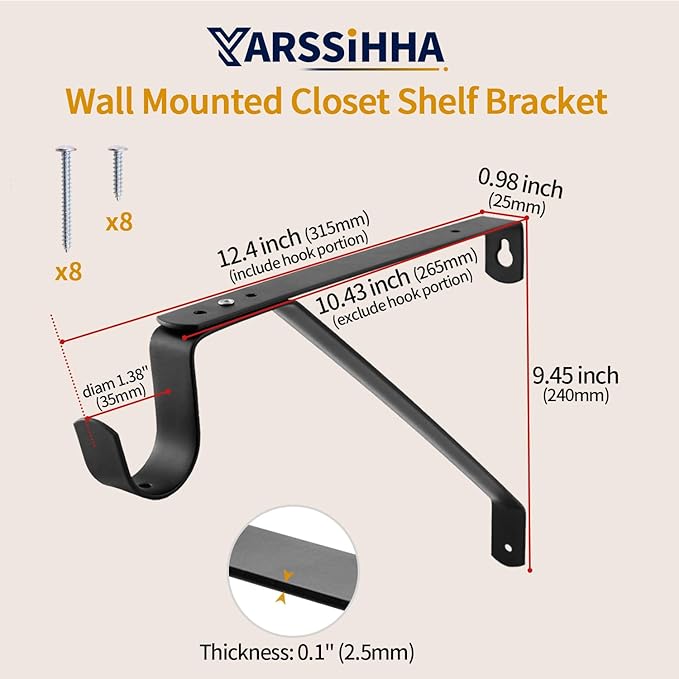 Yarssihha 4 Pack Adjustable Closet Rod Bracket, Wall Mounted Closet Shelf Bracket, Black Closet Rod Support Bracket with Screws