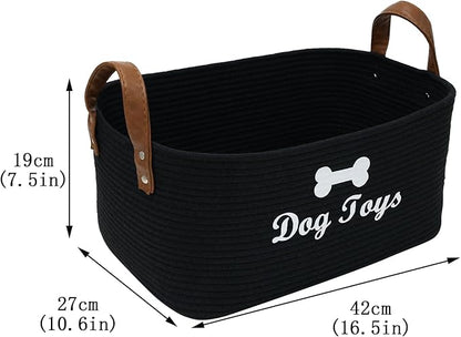 Geyecete X-Large Cotton Rope Dog Basket with Leather handle Blanket Storage Basket Decorative Clothes Hamper Basket | Extra Large Baskets for Blankets or Laundry-Black