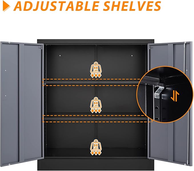 Metal Storage Cabinet, Storage Cabinet with 2 Doors and Shelves, Metal Cabinet with Lock, Small Lockable Cabinet for Home Office (Black Grey)