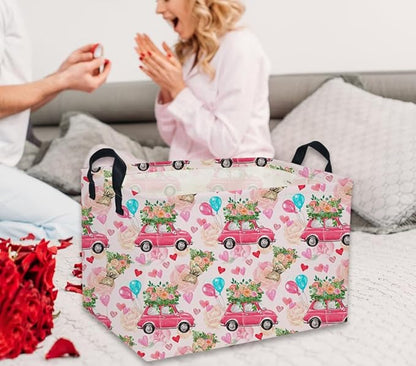 Rectangular Valentine's Day Baskets,Heart Basket,Pink Girls Basket Kids Storage Bin Love Room Decor for Home.(Flower car)