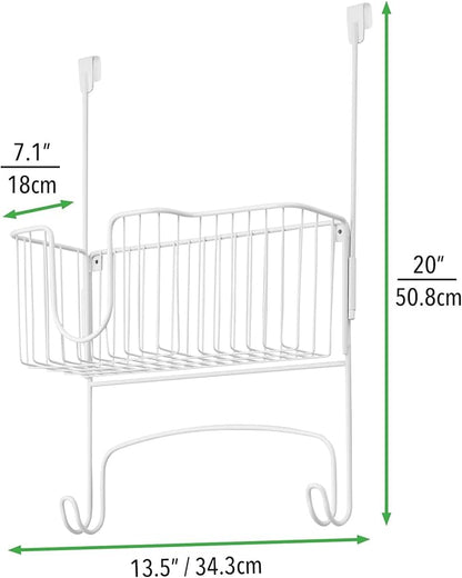 mDesign Steel Metal Over Door Ironing Board Holder with Large Storage Basket for Laundry, Utility, Mudroom, Garage - Holds Iron, Board, Spray Bottles, Starch, Detergent, Fabric Refresher - White