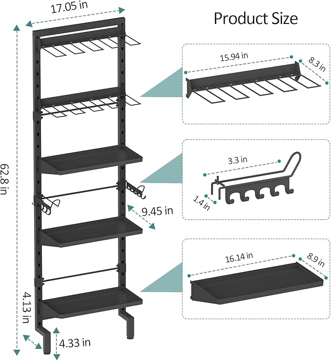 Bukfen Garage Tool Storage Rack, Wall Mount 5-Tier Heavy Duty Metal Organizer with 8 Drill Holder Slots, Adjustable Shelves, Side Hooks Workshop Utility 1 Pack Black Vertical Space-Saving Organization