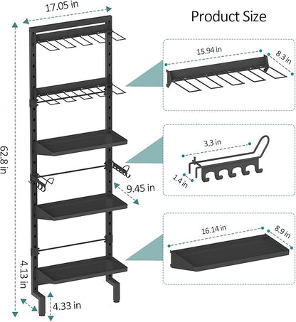 Bukfen Garage Tool Storage Rack, Wall Mount 5-Tier Heavy Duty Metal Organizer with 8 Drill Holder Slots, Adjustable Shelves, Side Hooks Workshop Utility 1 Pack Black Vertical Space-Saving Organization