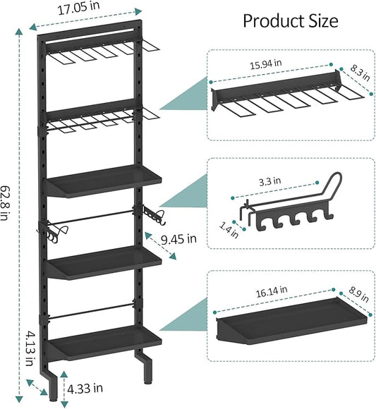 Bukfen Garage Tool Storage Rack, Wall Mount 5-Tier Heavy Duty Metal Organizer with 8 Drill Holder Slots, Adjustable Shelves, Side Hooks Workshop Utility 1 Pack Black Vertical Space-Saving Organization