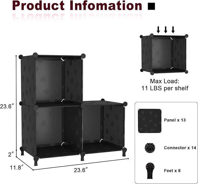 UNKU Cube Storage Organizer, 3 Cube Closet Organizer Storage Shelves, DIY Stackable Bookcase, Clothes Organizer Shelf for Closet, Bedroom, Living Room, Cabinet, Home, Office, Black