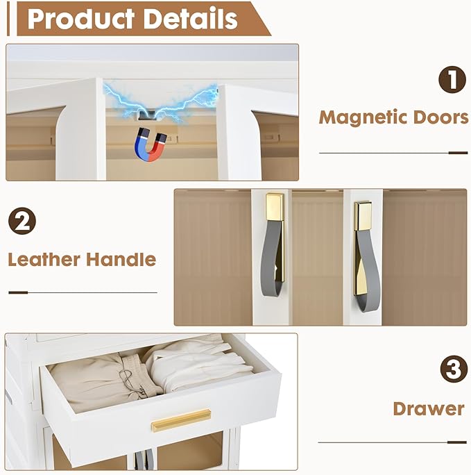 YHB Portable Storage Closet Cabinet, Easy Assembly Wardrobe Organizer with Visualization Doors, Drawers, Hanging Rods, Rolling Wheels for Pet Dog Clothes, Toys, etc for Thanksgiving & Christmas Day