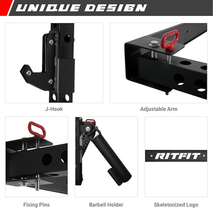 RitFit 2.36'' x 2.36'' Folding Squat Rack for Home Gym, Wall Mounted Squat Rack with Attachments - Space Saving Squat Power Rack