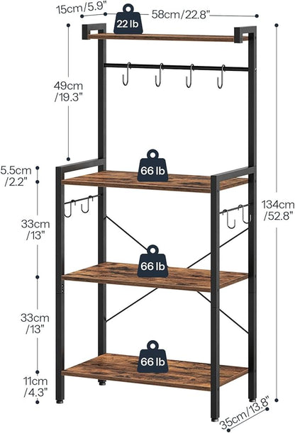 HOOBRO Kitchen Bakers Rack with Storage, 4 Tiers Coffee Bar Station, Microwave Stand with 8 S-Shaped Hooks, Kitchen Storage Shelf Rack for Small Spaces, Rustic Brown and Black BF04HB01