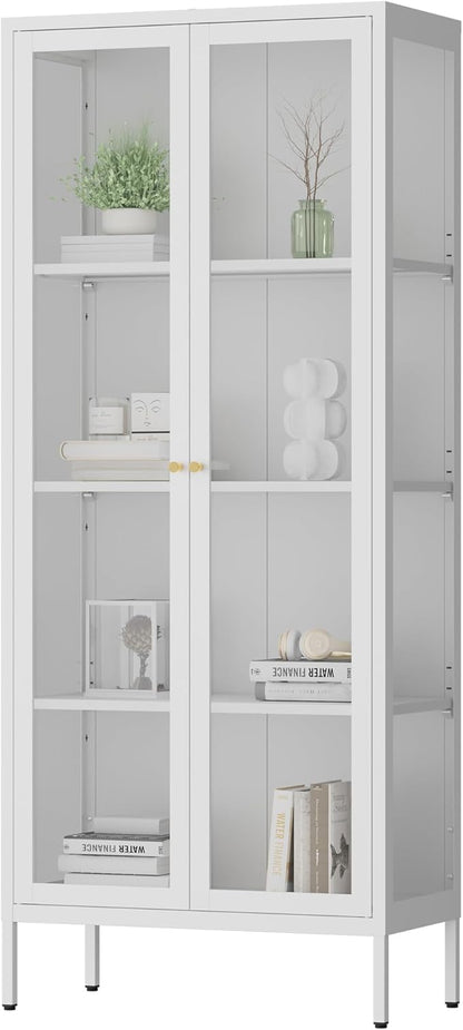 Glass Display Cabinet with Glass Doors, White Curio Cabinet with 3 Side Tempered Glass, 66" Tall Bookcase Display Case for Collectibles, Metal Storage Cabinet for Living Room, Assemble Required