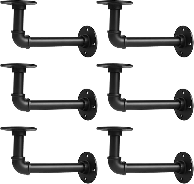 Storystore Industrial Pipe Shelf Brackets, 6 Pack Iron L-Shaped Shelving Brackets for 7-14 inches Board, Heavy Duty Metal Shelving Bracket - Black DIY Pipe Shelves (6.5 x 3.5 Inch)