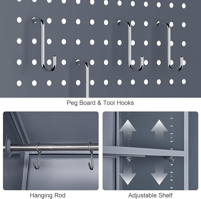 GREATMEET Tall Metal Utility Storage Cabinet for Cleaning Supplies & Tools, Garage Organizer with Adjustable Shelves, Pegboard Back Panel & Tool Hanging Bars, Grey White