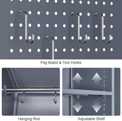 GREATMEET 65" H Metal Cleaning Supply Storage Cabinet, Lockable Double Door Garage Utility Organizer with Adjustable Shelves & Pegboard, Grey