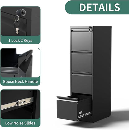 4 Drawer File Cabinet with Lock,Metal Vertical Filing Cabinets for Home Office,Heavy Duty File Storage Cabinet for Letter/Legal/A4/F4 Size File,Assembly Require (Black, Vertical 4 Drawer)