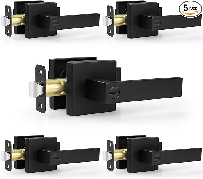 Estmoon 5 Pack Matte Black Door Handles Interior Door Knobs, Home Improvement Keyless Privacy Door Lock, Heavy Duty Zinc Alloy 2.07 lb Door Leverset for Bedrooms Bathrooms