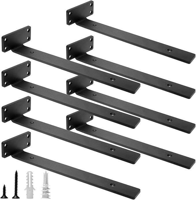 HITOMEN Heavy Duty Floating Shelf Brackets, 12-Inch (1/5'' Thick) Hidden Shelves Hardware, Iron L Brackets, Rustic Industrial Black Metal Wall Shelving Supports, 8 Pack