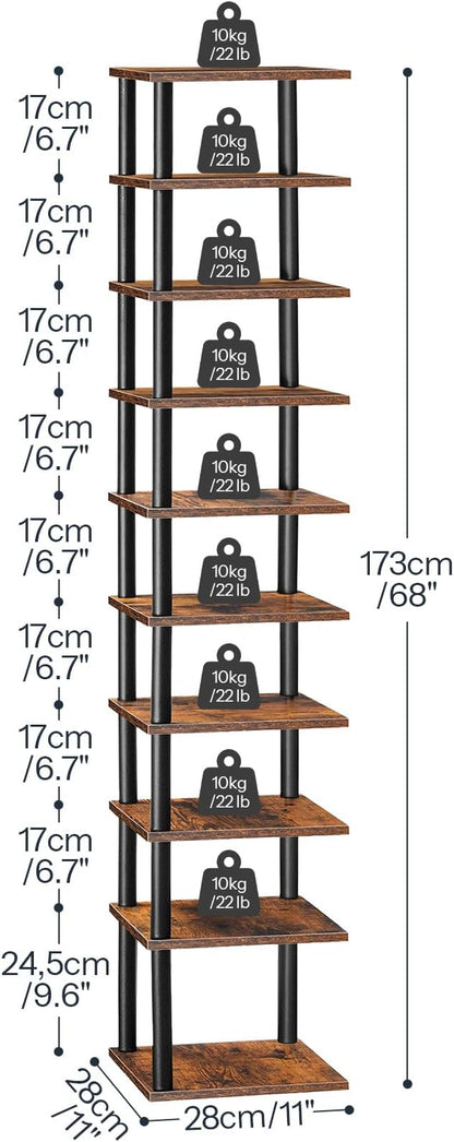 HOOBRO Vertical Shoe Rack, 10-Tier Narrow Shoe Shelf, Shoe Storage Organizer for Small Space, 11" L x 11" W x 68" H, Closet, Entryway, Hallway, Bedroom, Rustic Brown and Black BF32XJ01