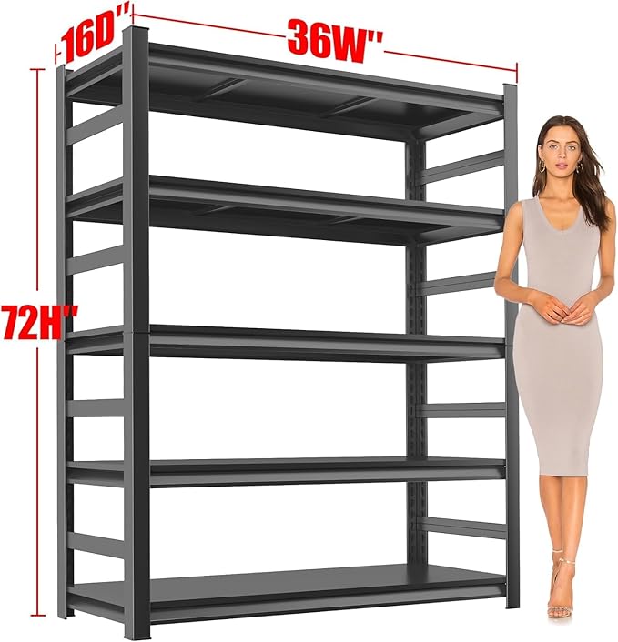 Garage Shelving Unit, Heavy Duty Metal 5-Tier Adjustable Storage, Steel Shelves, Industrial Shelves for Heavy Tools and Equipment, Ideal for Garage Basement, Black