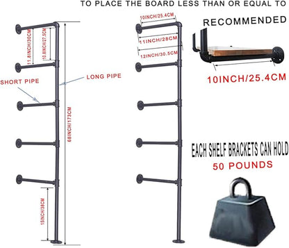 (68" Tall,10"deep)Industrial Wall Mount Iron Pipe Shelf Shelves Shelving Bracket Vintage Retro Ceiling Hung shelf Black DIY Open Bookshelf Storage offcie Room Kitchen (2PcsX5Tier,Hardware Only)