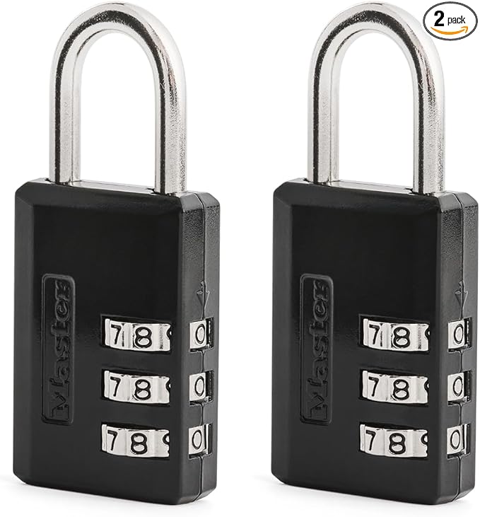 Master Lock Black Combination Padlock, Indoor Gym Locker Lock with Customizable 3-Digit Code for Luggage, Backpacks, Cabinets, 2 pk, 647EC2