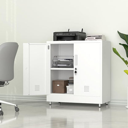 Metal Storage Cabinet with Locking Doors and Adjustable Shelf, Small Lockable Sideboard Buffet Cabinet for Home, Office, Entryway, Hallway, Living Room, Kitchen and Dining Room (White)