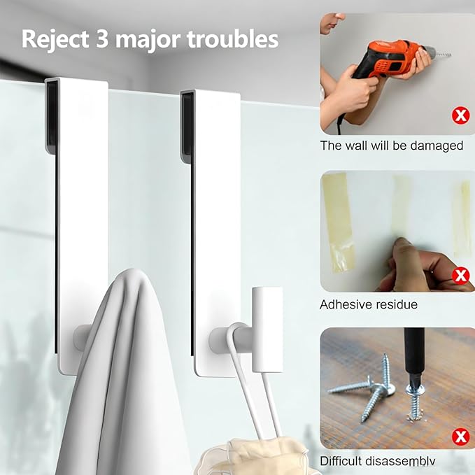 PMMASTO Shower Door Hooks, (7.5 Inch) Extended Towel Hooks for Bathroom Frameless Glass Shower Door, Stainless Steel Heavy Duty Hooks (White, T Shape-Fits 3/8" Thick Door)