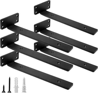 HITOMEN Heavy Duty Floating Shelf Brackets, 10-Inch (1/5'' Thick) Hidden Shelves Hardware, Iron L Brackets, Rustic Industrial Black Metal Wall Shelving Supports, 6 Pack