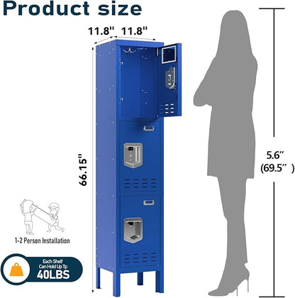 Metal Storage Locker with Lock & Card Slot Locker - Secure Lockable Door - Steel Locker for School, Office, Gym, Home - 66.15" H x 11.8" W x 11.8" D（3 Door, Blue）