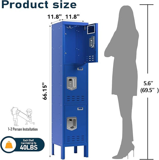Metal Storage Locker with Lock & Card Slot Locker - Secure Lockable Door - Steel Locker for School, Office, Gym, Home - 66.15" H x 11.8" W x 11.8" D（3 Door, Blue）