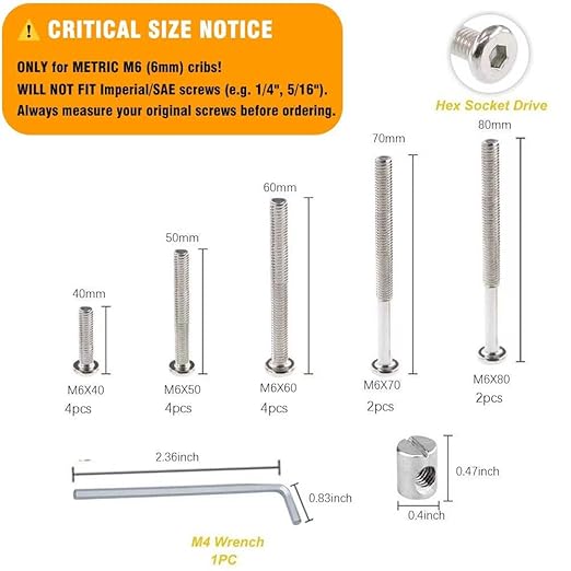 Crib Screws Hardware Replacement Kit - M6x40/50/60/70/80 mm Hex Drive Socket Cap Screws Barrel Nuts,16 Set Bolts &Barrel Nuts Set