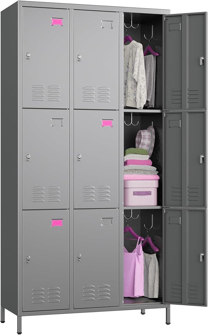 Aobabo New 9 Doors Metal Storage Locker for Employees, Lockable Steel Locker with Name Card Slot and 27 Hooks for School Office Gym Garage, Dark Grey, Assembly Required