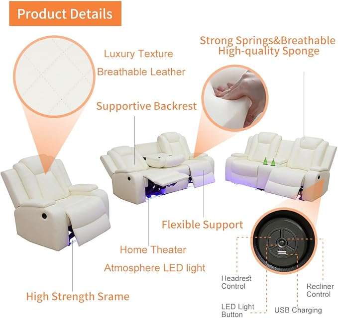 Leather Power Recliner Sofa Chair Sets with LED and Arm Storage,Creamy White Leather Living Room Reclining Sofa, Power Recliner Living Room Furniture Sets with Reading Lights/LED/Cup Holders