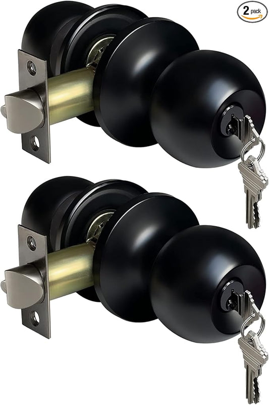 [2 Pack] BESTTEN Keyed Entry Door Knob, Entrance Door Lock, Keyed Different, Standard Ball, Matte Black