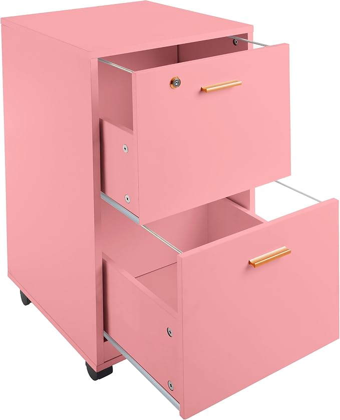 Lavish Home 2 Drawer File Cabinet - Filing Cabinet with Lock - Rolling File Cabinet for Under Desk Storage - Wood Filing Cabinet for Home or Office Organization (Pink)
