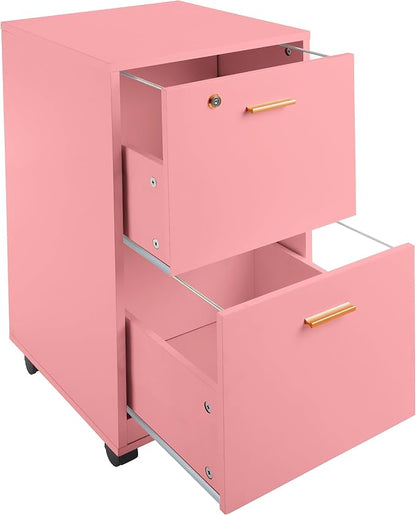 Lavish Home 2 Drawer File Cabinet - Filing Cabinet with Lock - Rolling File Cabinet for Under Desk Storage - Wood Filing Cabinet for Home or Office Organization (Pink)