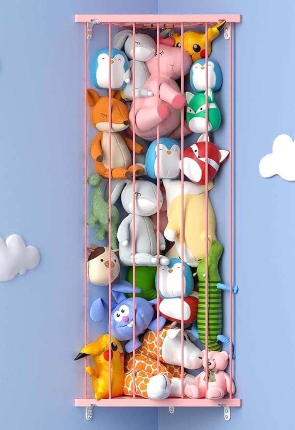 Stuffed Animal Storage Shelf Organizer(Patented) - Corner Stuffed Animal Holder Length Adjustable - Wall Plush Storage for Nursery Playroom Bedroom Kids Room (Pink, Standard)