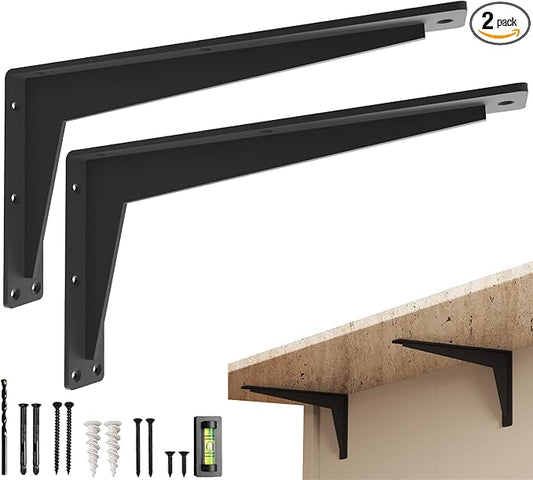 2 Pack Heavy Duty Shelf Brackets 16 Inch Mantel Decorative L Bracket for Shelves, Metal Shelf Support Bracket, Wall Mounted Granite Countertop Iron Corbels, Floating Black Shelving Brackets