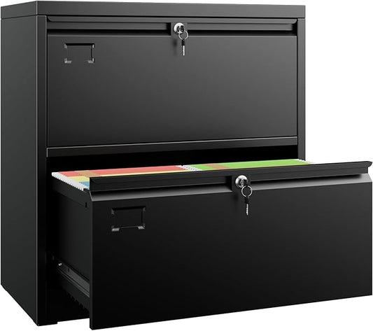 SUXXAN Metal 2 Drawer Lateral File Cabinet with Lock - Wide Filing Cabinet for Letter/Legal/F4/A4 Hanging Files - Includes Business Card Holder, Home Office School Storage,Black