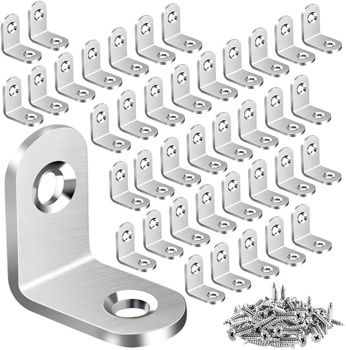 40PCS L Bracket Corner Brace, Stainless Steel L Brackets for Shelves, Metal Corner Bracket, Small Right Angle Brackets for Wood Furniture Chair Drawer Cabinet with 80PCS Screws (0.79 x 0.79 inch)