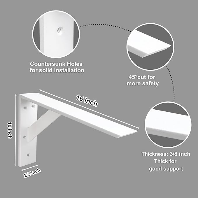 Countertop Support Bracket 16 Inch Heavy Duty Shelf Bracket 2 Pack 3/8" Thick White 16"x10"x2.5" for Granite Quartz Wood Laminate Countertops