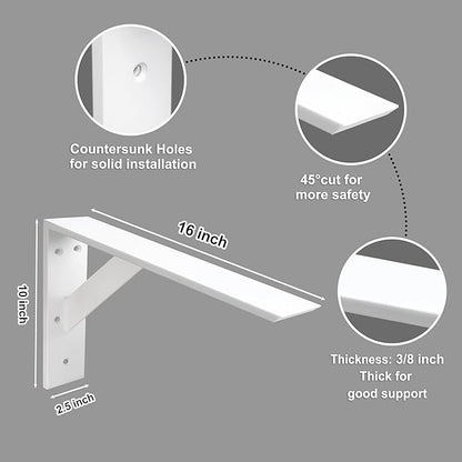 Countertop Support Bracket 16 Inch Heavy Duty Shelf Bracket 2 Pack 3/8" Thick White 16"x10"x2.5" for Granite Quartz Wood Laminate Countertops