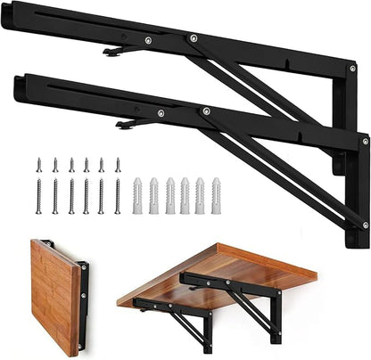 Storystore Folding Shelf Brackets - 20 Inch Heavy Duty Metal Collapsible Shelf Bracket for Bench Table, Shelf Hinge Wall Mounted Space Saving DIY Bracket, Max Load: 150 lb 2 PCS (Black)