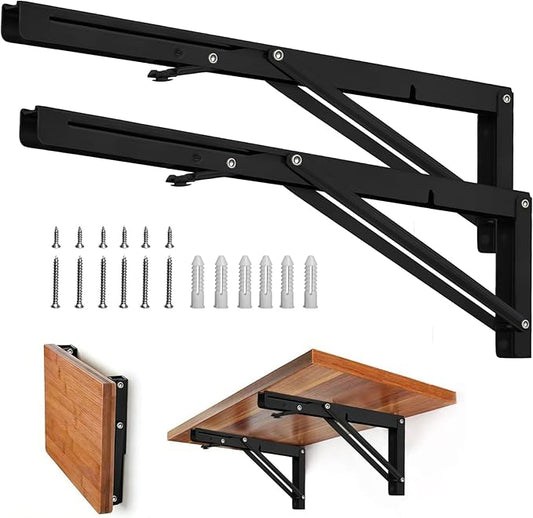 Storystore Folding Shelf Brackets - 20 Inch Heavy Duty Metal Collapsible Shelf Bracket for Bench Table, Shelf Hinge Wall Mounted Space Saving DIY Bracket, Max Load: 150 lb 2 PCS (Black)
