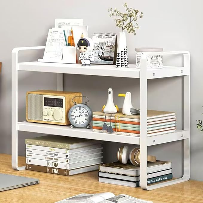Hbluefat Desktop Organizer Shelf, 2-Tier Multipurpose Tabletop Storage Bookshelf, Small Wooden Countertop Storage Rack for Home Office Kitchen (White+White)