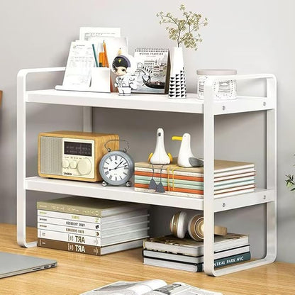 Hbluefat Desktop Organizer Shelf, 2-Tier Multipurpose Tabletop Storage Bookshelf, Small Wooden Countertop Storage Rack for Home Office Kitchen (White+White)